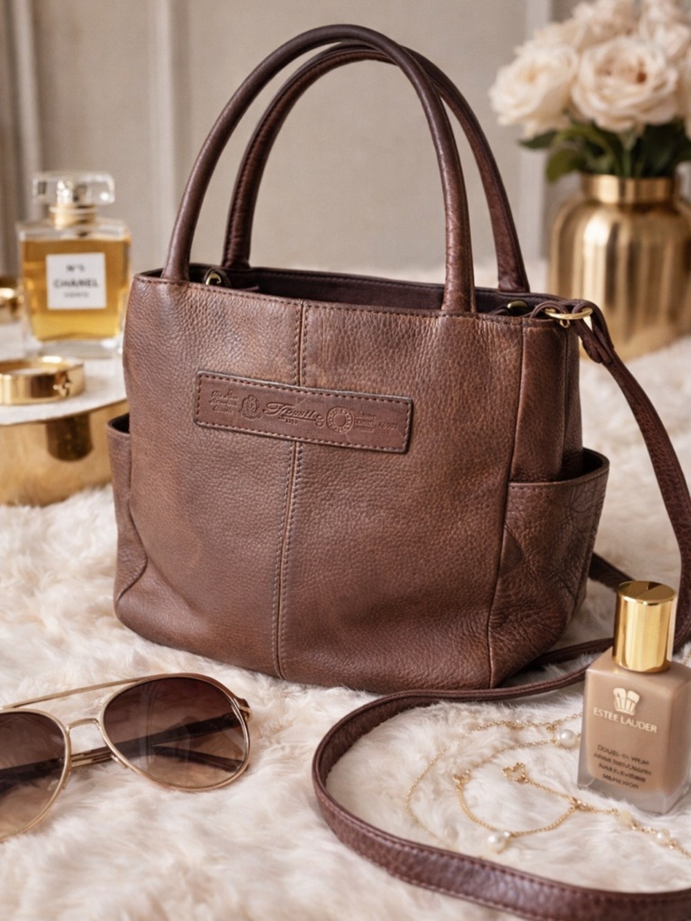 Fossil Chocolate Brown Pebbled Leather Tote with Dual Handles